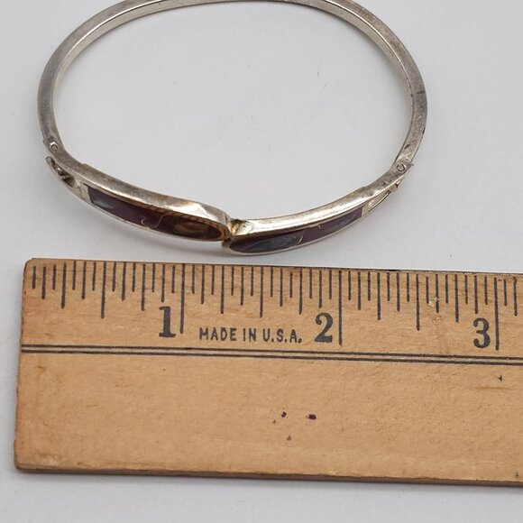 Vintage Mexico Sterling Silver Hinged Bangle Bracelet Inlay Abalone Shell - Picture 5 of 5